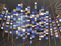 Sol Guillon, Canto del angel, ensamblaje y tec. mixta sobre madera aglomerada, 60 x 100 cm., 2019